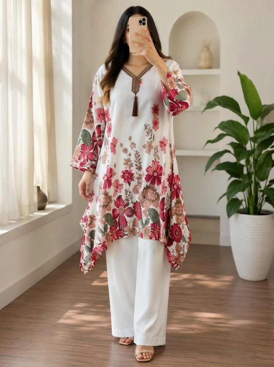 White and Maroon Floral Two-Piece Set with Embellished Neckline